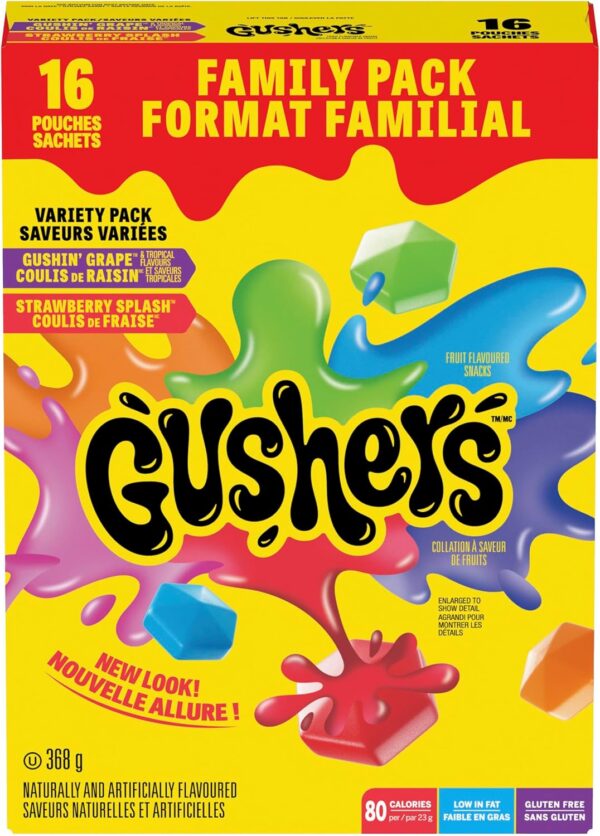 BETTY CROCKER GUSHERS - FAMILY PACK SIZE - Gushin Grape and Tropical Flavours, Strawberry Splash Fruit Flavoured Snacks, Pack of 16 Pouches, 368 Grams Package of Fruit Flavoured Snacks, Variety Flavours Pack - Image 5