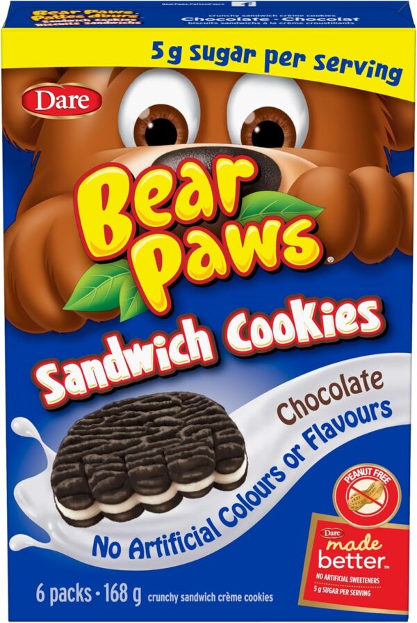 Bear Paws Chocolate Sandwich Cookies - Soft Cookie Snack Packs, School Snacks, Made With Real Cocoa, Peanut Free,168g, 6 Pouches