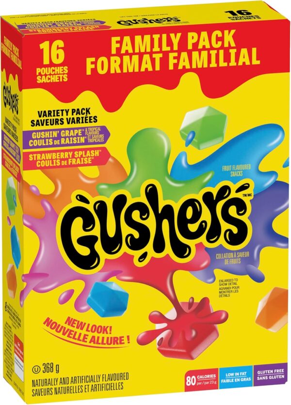 BETTY CROCKER GUSHERS - FAMILY PACK SIZE - Gushin Grape and Tropical Flavours, Strawberry Splash Fruit Flavoured Snacks, Pack of 16 Pouches, 368 Grams Package of Fruit Flavoured Snacks, Variety Flavours Pack - Image 6