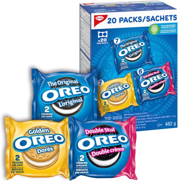 OREO Original Chocolate & Double Stuf & Golden Vanilla Sandwich Cookies, Snack Packs, School Snacks, 482 g