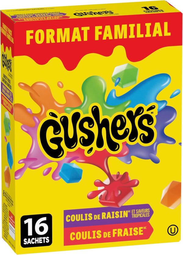 BETTY CROCKER GUSHERS - FAMILY PACK SIZE - Gushin Grape and Tropical Flavours, Strawberry Splash Fruit Flavoured Snacks, Pack of 16 Pouches, 368 Grams Package of Fruit Flavoured Snacks, Variety Flavours Pack - Image 2